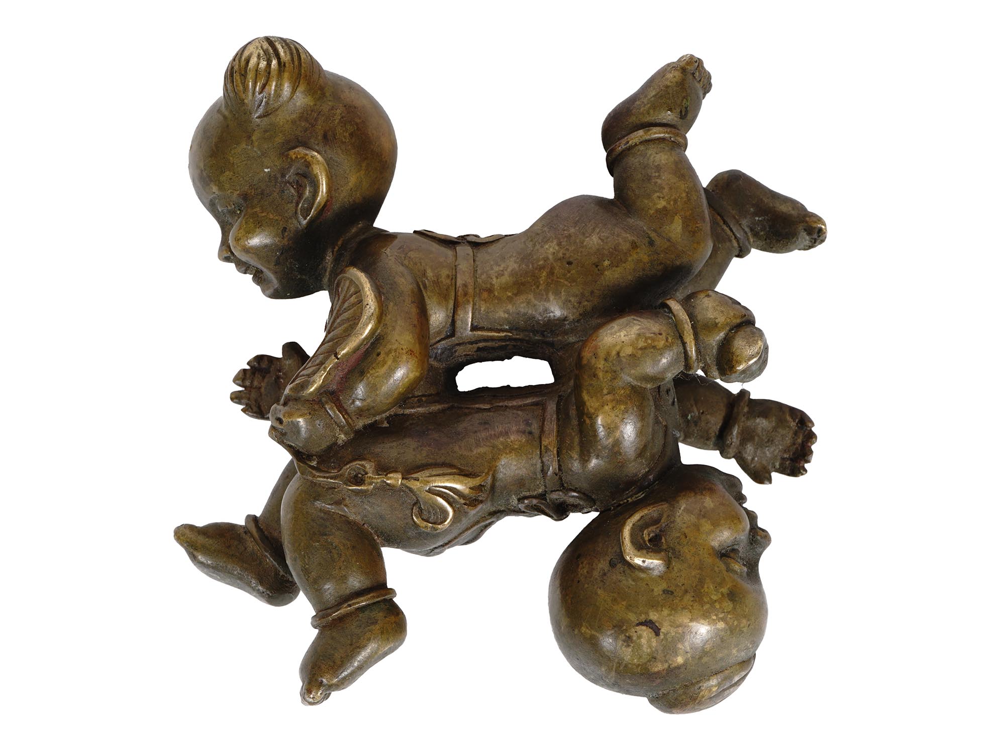 CHINESE TWO KIDS PATINATED BRASS AMULET FIGURINE PIC-0